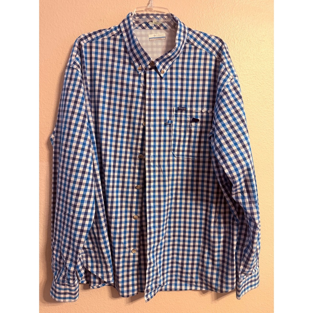 Columbia PFG Mens XL Blue Gingham Long Sleeve Vented Fishing Shirt FM4207